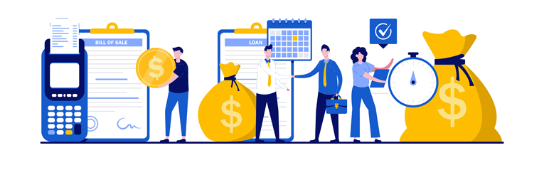 An illustrative image depicting a business managing finances: sending bills to clients, collecting payments, and handling loan repayments.